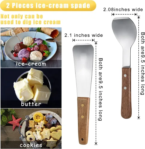 Vista 2 de Patelai 2 piezas de pala de helado de acero inoxidable con mango de madera, pala de mantequilla para postre, pala de metal plano para comedor