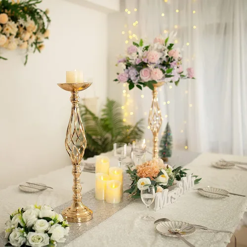 Vista 22 de 2 piezas de centros de mesa de boda para mesas de recepción, soportes de velas retorcidas, adornos, centros de mesa de metal con jarrón de flores