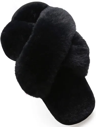 Vista 12 de LightFun Pantuflas peludas y peludas para niña, chancletas de piel con punta abierta, sandalias de banda cruzada para niñas, hogar, interior y Beige