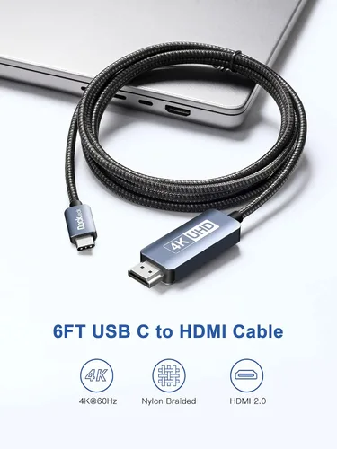 Vista 2 de dockteck Cable USB C a HDMI 4K 60Hz para iPhone 15, cable trenzado Thunderbolt 3/4 a HDMI de 6 pies, cable trenzado HDMI de alta velocidad HDR USB C
