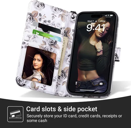Vista 2 de ULAK Funda tipo billetera compatible con iPhone 15 para mujeres, funda tipo cartera con estampado floral de piel PU premium con porta tarjetas