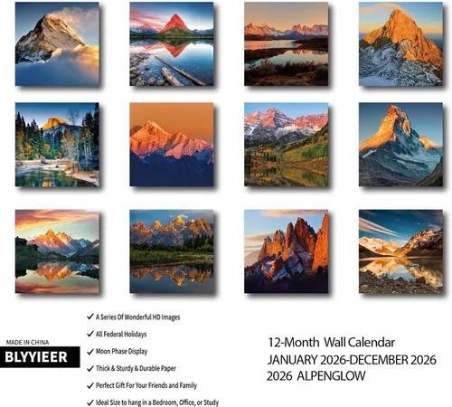 Vista 2 de Calendario de pared 2026, Calendario mensual de pared Alpenglow, 12" x 24" abierto, Organizador de calendario planificador familiar con imágenes