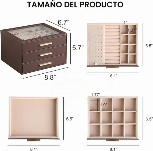 Vista 3 de Frebeauty Joyero para mujer, organizador de joyas con tapa transparente con 3 cajones Marrón Oscuro