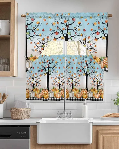 Vista 11 de Pumpkins Thanksgiving Kitchen Curtains Swag Valance and Tier Curtains Set 24 Inch Length, Fall Watercolor Botanical Leaves Retro Rod Pocket Drape