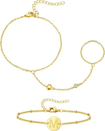 Vista 11 de Doubgood - Pulseras de oro para mujer, juego de 5 piezas, pulseras chapadas en oro de 14 quilates, conjuntos de joyería con cuentas elásticas