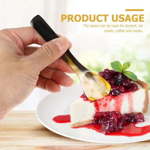 Vista 2 de Hemoton Juego de 3 cucharas de cuerno de buey de 5.70 pulgadas para postre de cuerno natural para café, té, helado, pastel y utensilios para servir