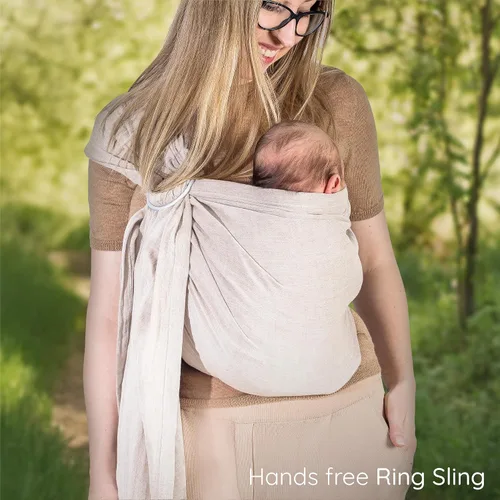 Vista 9 de Portabebés con Eslinga de Anillo - Probado en Laboratorio de EE. UU., 100% Algodón Muslin Natural, Eslinga de Anillo transpirable y ergonómica Beige