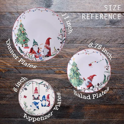 Vista 6 de Bico Juego de 4 platos de ensalada de gnomos de Navidad, platos de postre de cerámica de 8.75 pulgadas para ensalada, aperitivo, guarniciones