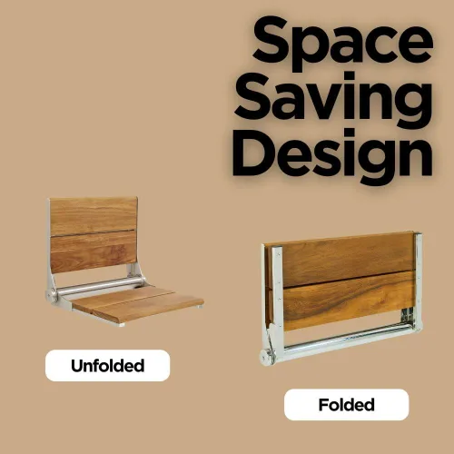 Vista 6 de Asiento de ducha plegable montado en la pared con respaldo Capacidad de carga máxima de 500 libras Asiento de ducha de teca compatible con ADA