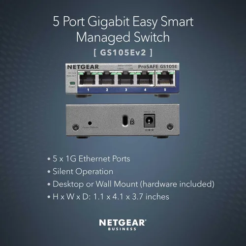 Vista 2 de NETGEAR - Conmutador Smart Managed Easy de 5 puertos Gigabit Ethernet (GS105Ev2) - Administrado, montaje en escritorio o pared, y protección