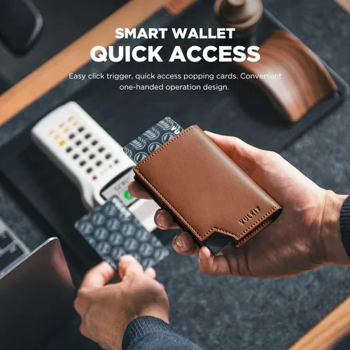Vista 2 de VULKIT Cartera minimalista para hombre, con bloqueo RFID, cierre magnético, cartera de cuero con ventana de identificación, para dinero en efectivo