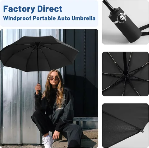 Vista 6 de SY COMPACT - Paraguas de viaje automático resistente al viento - Tienda de fábrica Negro
