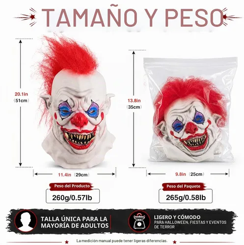 Vista 5 de Máscara de payaso aterrador para adultos, disfraz de terror espeluznante