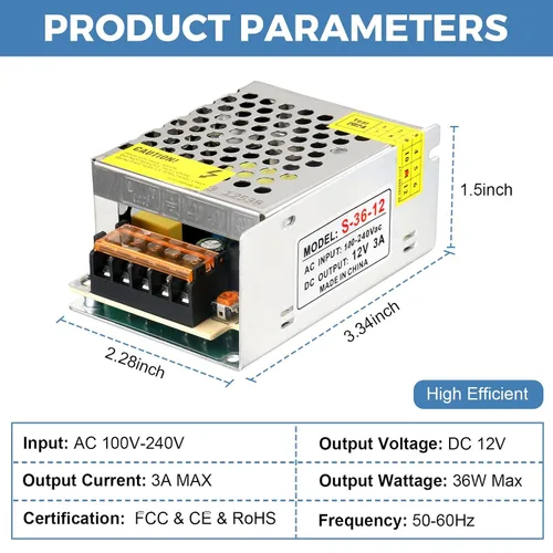 Vista 2 de Fuente de alimentación de 12V 3A 36W AC a DC para 5050 3528 12V LED tira de luz