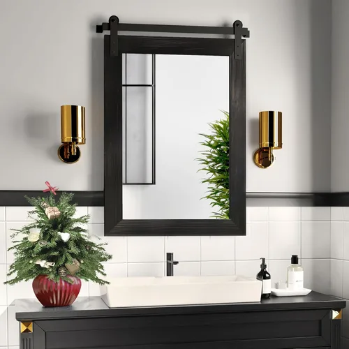 Vista 22 de COGOOD Espejo de puerta de granero de granja, 25 x 18 pulgadas, espejo decrativo con marco de madera rústica para baño, sala de estar, decoración