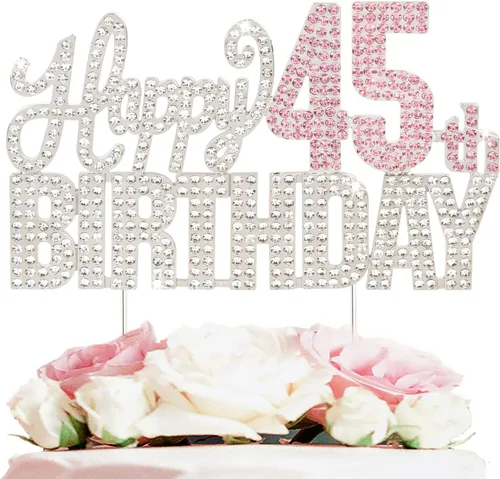 Vista 14 de Decoración de pastel de diamantes de imitación rosa y plateado con texto en inglés "Cheers to 11 Years Old Eleven Bday" de metal brillante