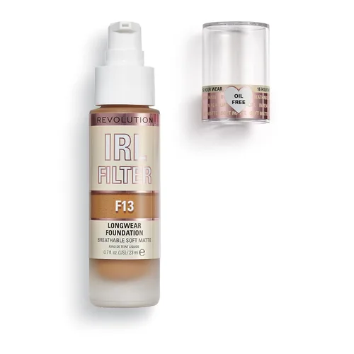 Vista 2 de Revolution, Base de maquillaje de larga duración IRL Filter, fórmula suave y transpirable, cobertura media a completa, acabado mate, F13, 0.7 fl oz