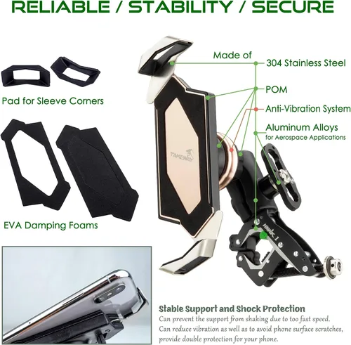 Vista 4 de Soporte para teléfono de motocicleta, soporte para teléfono móvil, base de abrazadera para manillar de motocicleta, ajustable, estable, brazo