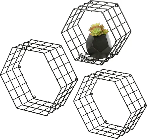 Vista 3 de Estante flotante de metal para montar en la pared con diseño hexagonal, pack de 3 unidades, negro.