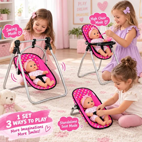 Vista 6 de Fash n kolor Juego de Muñeca Bebé de 3 Piezas – Parque Infantil de Diseño de Lunares, Cochecito de Muñeca Plegable, Silla Alta – Compatible
