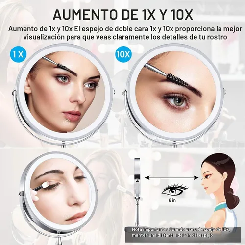Vista 3 de Espejo de maquillaje iluminado de 8 pulgadas, espejo de maquillaje 10X con luces, espejo de aumento regulable de doble cara con luz, recargable