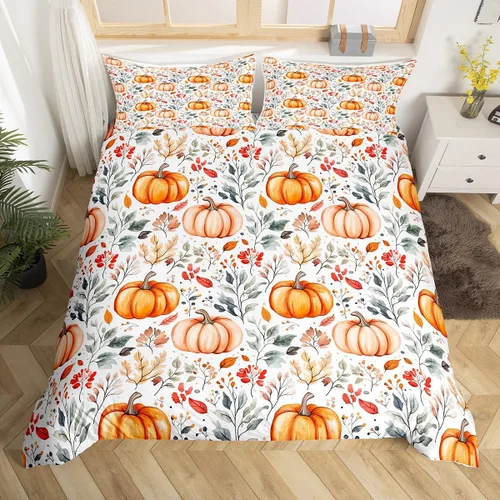 Vista 26 de Erosebridal Juego de funda de edredón individual de pavo de Acción de Gracias, juego de ropa de cama de calabaza y hojas de otoño para niños
