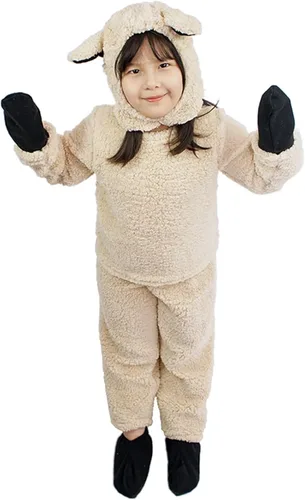Vista 4 de Fayueye Disfraz de oveja de Halloween para niños y niñas, camiseta de manga larga, gorro, guante, calcetines, pantalón largo, disfraz de cordero