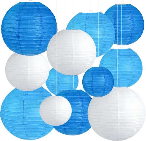 Vista 17 de 12 Linternas de Papel Azul, Blanco y Verde Menta de Tamaños Variados (6" 8" 10" 12") para Decoración del Hogar, Boda, Cumpleaños, Decoraciones