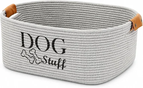 Vista 9 de Geyecete Cesta cuadrada de juguetes para perros, cesta de almacenamiento de cuerda de algodón, cesta de almacenamiento para mascotas/juguetes