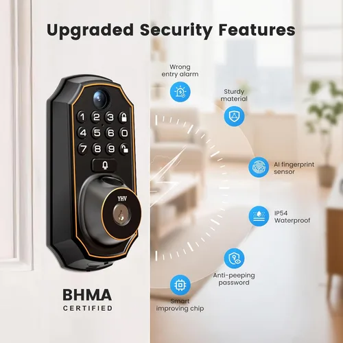 Vista 3 de Cerradura de puerta de entrada sin llave con cámara, cerradura inteligente electrónica, teclado de huellas dactilares, cerrojo con código, control