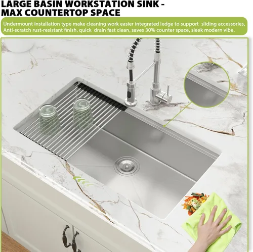 Vista 3 de Fregadero de 28x19x9 Inch Single Bowl Integrated Ledge Deep Bowl Handmade Under Counter Sink