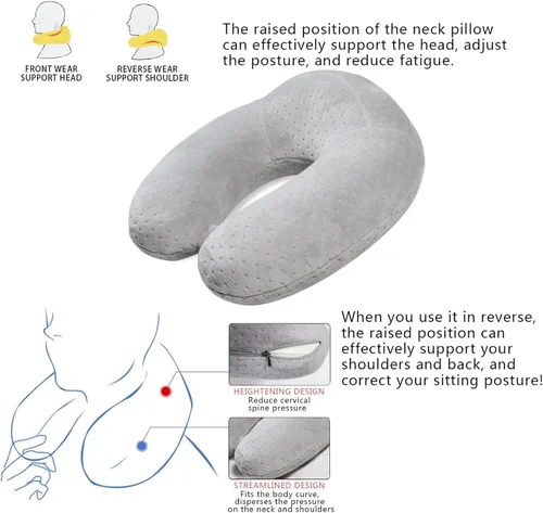 Vista 5 de Almohada de viaje para dormir, almohada de viaje de espuma viscoelástica gris en forma de U, almohada de avión para cabeza y cuello, almohada