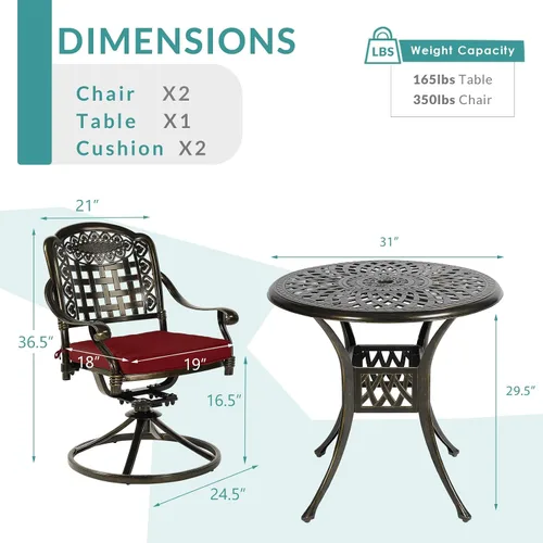 Vista 6 de Juego de comedor de patio al aire libre de 3 piezas, juego de conversación de aluminio fundido para todo tipo de clima con 2 cojines giratorios