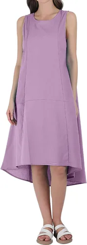 Vista 2 de utcoco Vestido casual de lino y algodón para mujer, cuello redondo, sin mangas, vestido midi para mujer