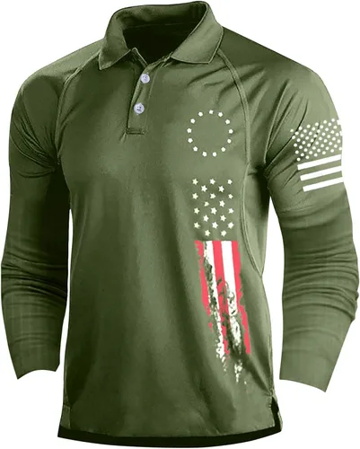 Vista 22 de Camisa polo de manga larga con bandera estadounidense para hombre, cuello gráfico patriótico, camiseta de golf, moderna, casual, cuello en V, tops