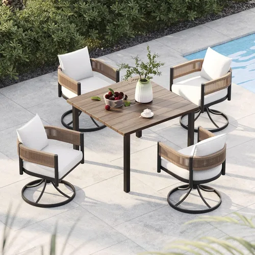 Vista 18 de Juego de comedor al aire libre Grand Patio de 5 piezas para 4, sillas de patio fijas de mimbre tejido metálico con cojines engrosados y 1 mesa