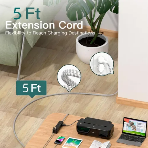 Vista 3 de Addtam Regleta protectora de sobretensiones negra con 12 salidas de CA y 4 puertos USB, cable de extensión de 5 pies, montaje en pared de enchufe