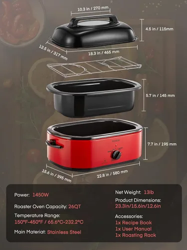 Vista 8 de FOHERE Horno asador eléctrico de 26 cuartos de galón con tapa visible y autofundante, tostador grande de pavo con función de descongelación y calor