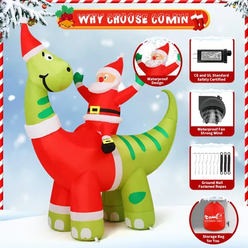 Vista 6 de COMIN Decoraciones Inflables de Navidad de 6 pies para Exteriores, Papá Noel Inflable Montando un Dinosaurio Inflable con LEDs Integrados