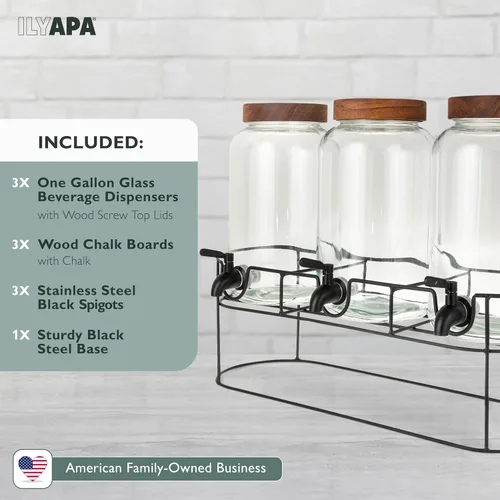 Vista 7 de Ilyapa Dispensador de bebidas de vidrio para fiestas - paquete de 3, dispensador triple de bebidas múltiples de 1 galón con soporte, tapas de madera