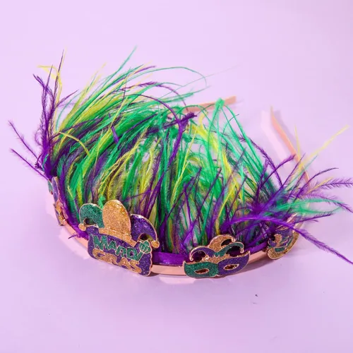 Vista 2 de NVENF Diademas de Mardi Gras, accesorios de Mardi Gras, tocados de plumas, máscara de flor de lis, diademas de carnaval para el desfile