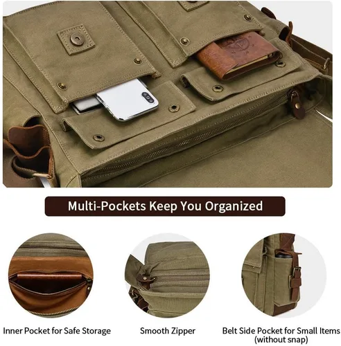 Vista 5 de Kattee Military Messenger Bag Canvas Leather Shoulder Bag Fits 14.715.6 Inch Laptop
