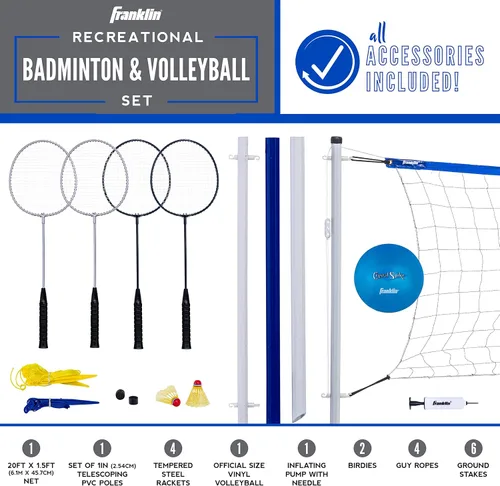 Vista 2 de Franklin Sports - Juegos de Voleibol + Bádminton - Juego de Playa + Patio Trasero - Voleibol, Bomba, Raquetas de Bádminton, Volantes, Red + Postes