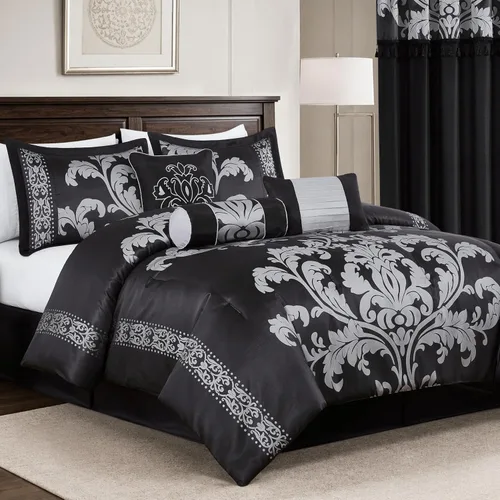 Vista 21 de Chezmoi Collection Juego de edredón floral de jacquard Royale de 7 piezas, matrimonial/doble, negro/dorado