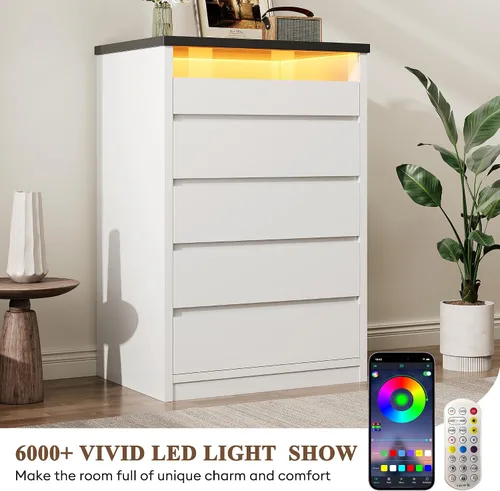 Vista 6 de Jocoevol Cómoda de 5 cajones para dormitorio con luz LED, cómoda moderna con asas ocultas, armario alto de madera para sala de estar, entrada