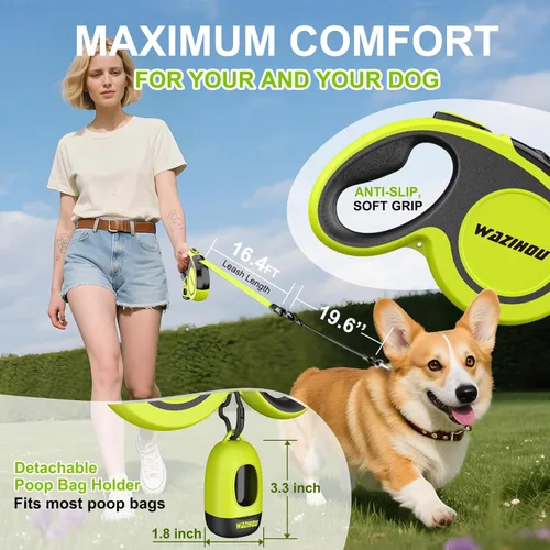 Vista 5 de Correa retráctil mejorada para perro de 16.4 pies – Correa retráctil reflectante resistente con agarre suave antideslizante – Bolsa desmontable