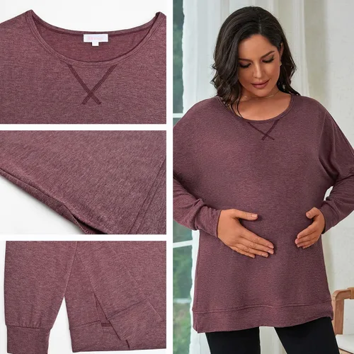 Vista 5 de Bhome Camisa de maternidad de manga larga con cuello redondo y abertura lateral para mujer, casual