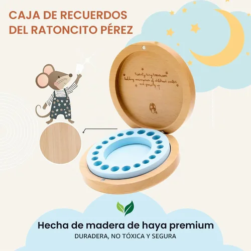 Vista 2 de Caja de recuerdo de dientes de bebé – Soporte de madera de haya y cápsula de memoria para primer diente, rizo y cordón umbilical – Registro de Azul