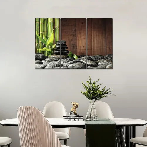 Vista 5 de Arte de pared Zen de 3 paneles, lienzo de bambú, color verde, spa, fondo de madera, cuadros impresos en lienzo, cuadro botánico para decoración
