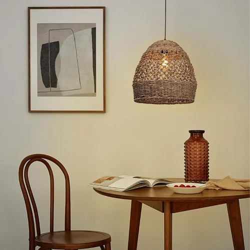 Vista 3 de Arturesthome Lámpara colgante tejida, moderna lámpara colgante bohemia con pantalla de ratán tejida a mano, lámpara colgante costera de granja